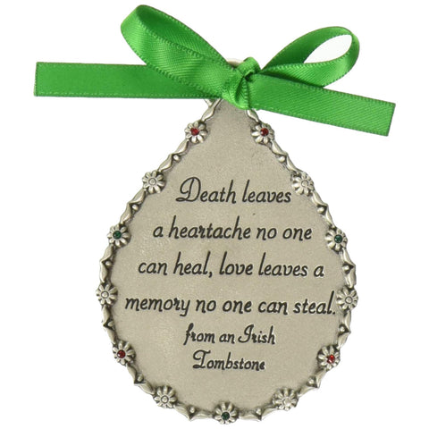Teardrop memorial ornament with silver-tone finish, floral border, green ribbon, and Irish remembrance verse about love and memory.