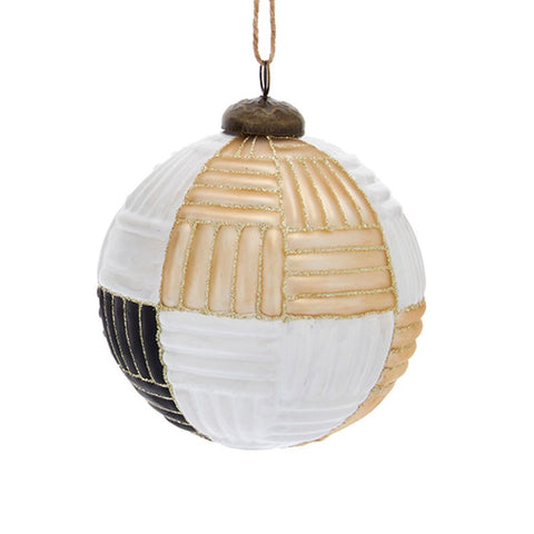 Champagne patchwork ball ornament with white, black, and gold-toned ribbed panels, gold glitter trim, dark cap, and jute hanging cord.