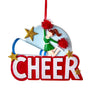Cheer ornament with bold red and white CHEER lettering, a cheerleader with red pom poms, a megaphone, and gold glitter stars.