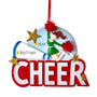 Personalized cheer ornament with bold red and white CHEER lettering, a cheerleader with red pom poms, a megaphone, gold glitter stars, and sample name and year personalization.