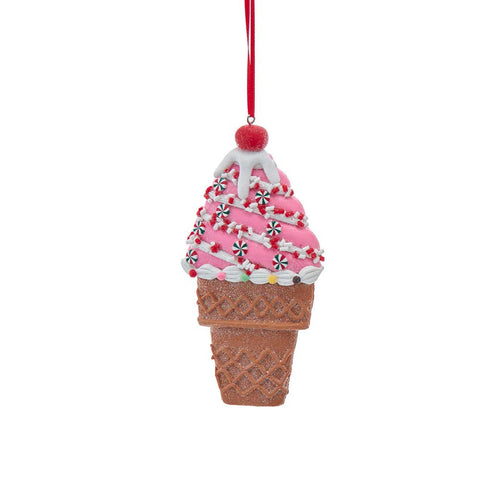 Ice cream cone ornament with pink swirled ice cream, peppermint candies, colorful sprinkles, white icing, and a red cherry on top.