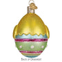 Decorative Easter egg ornament with gold, green, and pink colors on a white background. Back View