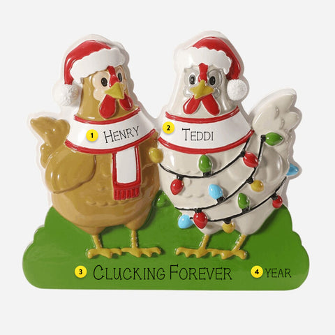 Two Christmas-themed chicken ornaments with names and decorative elements on a white background.