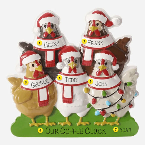 Personalized Christmas ornament with five chickens wearing scarves and hats, each can be personalized.