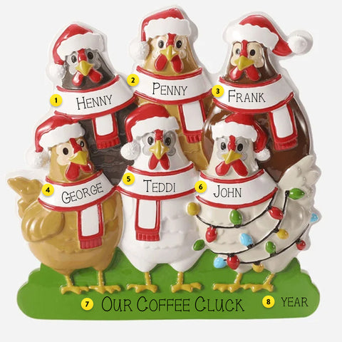 Personalized Christmas ornament with chickens wearing Santa hats and scarves family of 6