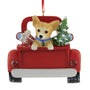 Christmas ornament of a chihuahua dog in a red truck with a tree and gift, personalized free.