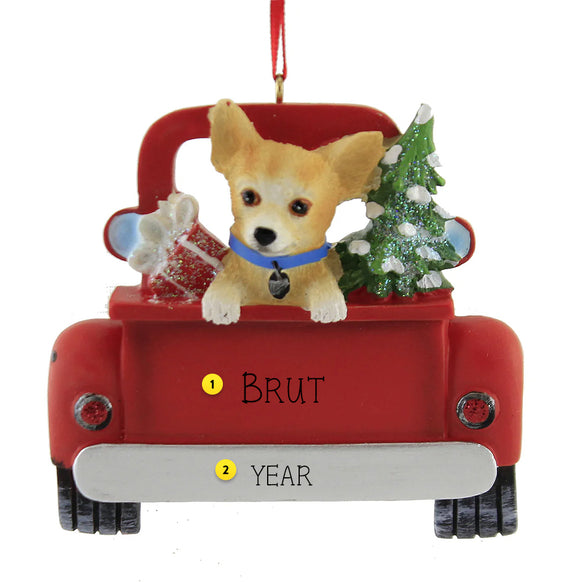 Christmas ornament of a chihuahua dog in a red truck with a tree and gift, personalized free.