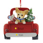 Christmas ornament of a chihuahua dog in a red truck with a tree and gift, personalized free.