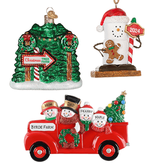 Old World Christmas Tree Farm Glass ornament, 2024 dated original s'mores ornament and family of four ornament snowman family in a red truck with Christmas tree