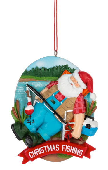 Christmas Fishing Santa ornament featuring Santa in a red plaid shirt and blue waders, holding a fishing rod beside a lakeside scene with cattails, a bobber, tackle box, and “Christmas Fishing” banner.