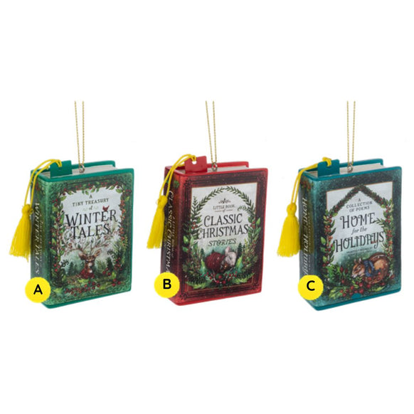Christmas storybook ornaments with tassels, styled like vintage holiday books in green, red, and teal covers with woodland scenes and festive Christmas titles.