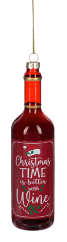 Wine bottle ornament with red wine and a label that reads “Christmas Time is Better with Wine.”