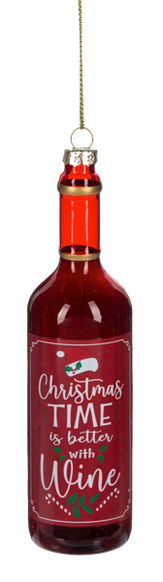 Wine bottle ornament with red wine and a label that reads “Christmas Time is Better with Wine.”