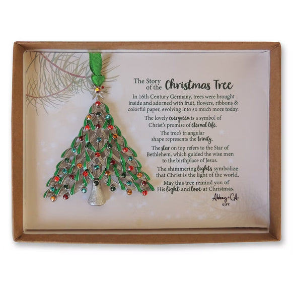 Story of the Christmas Tree Ornament in gift box with jeweled Christmas tree, green ribbon, colorful stones, and printed story card.