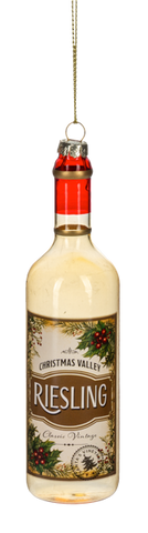 Wine bottle ornament with white wine and a Christmas Valley Riesling label with holiday greenery details.