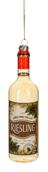 Wine bottle ornament with white wine and a Christmas Valley Riesling label with holiday greenery details.