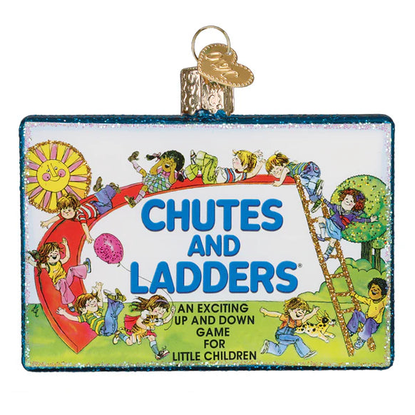 Chutes and Ladders game board ornament with colorful illustration of children playing.