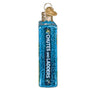Blue glittery ornament with 'Chutes and Ladders' text on a white  background side view 