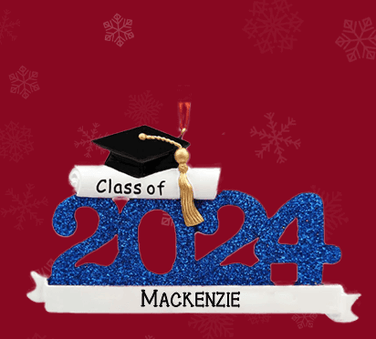 Personalzied Graduation Ornament with Class of 2024 in blue glitter with diploma, black grad cap and gold tassel