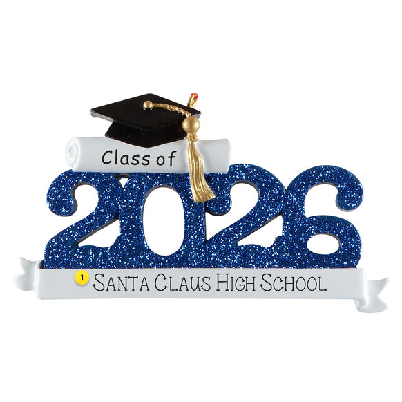 Graduation-themed ornament with 'Class of 2026' text and a cap on a white background