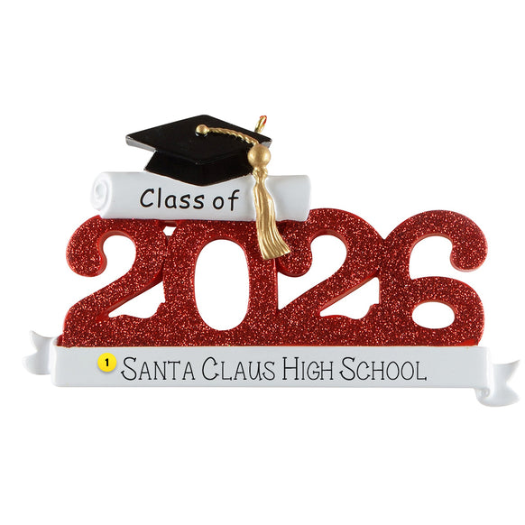 Graduation-themed ornament with 'Class of 2026' on a white background.