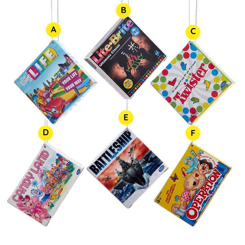 Ornaments styled like a classic game box, available in assorted designs including The Game of Life, Lite-Brite, Twister, Candy Land, Battleship, and Operation.