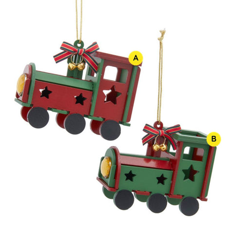 A: Red wooden train ornament with green trim, star cutouts, black wheels, a front headlight detail, and a striped ribbon bow with jingle bells.

B: Green wooden train ornament with red trim, star cutouts, black wheels, a front headlight detail, and a striped ribbon bow with jingle bells.