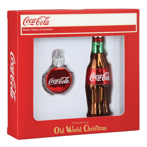 Coca-Cola Christmas ornament set in a red box with 'Old World Christmas' branding.