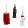 Back of Coca-Cola glass miniature ornament set with three pieces: a Coke bottle, a polar bear holding a Coca-Cola bottle, and a red Coca-Cola can.