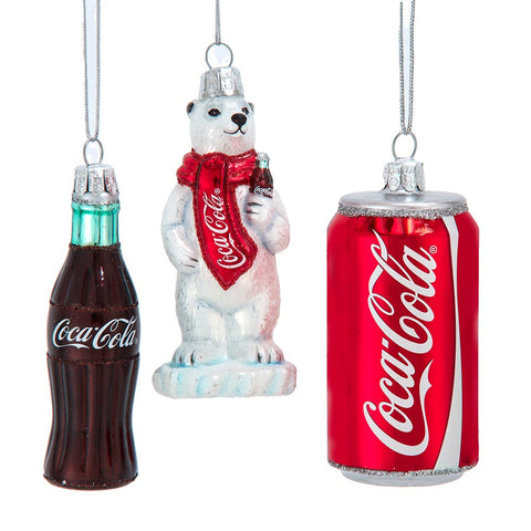 Coca-Cola glass miniature ornament set with three pieces: a Coke bottle, a polar bear holding a Coca-Cola bottle, and a red Coca-Cola can.