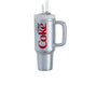 Silver Diet Coke tumbler ornament with a handle, lid, straw, and large red Diet Coke logo on the front.