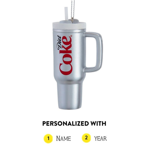 Silver Diet Coke tumbler ornament with a handle, lid, straw, and large red Diet Coke logo on the front with room for a name and year. 