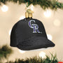 Black cap ornament with a Rockies logo on a Christmas tree