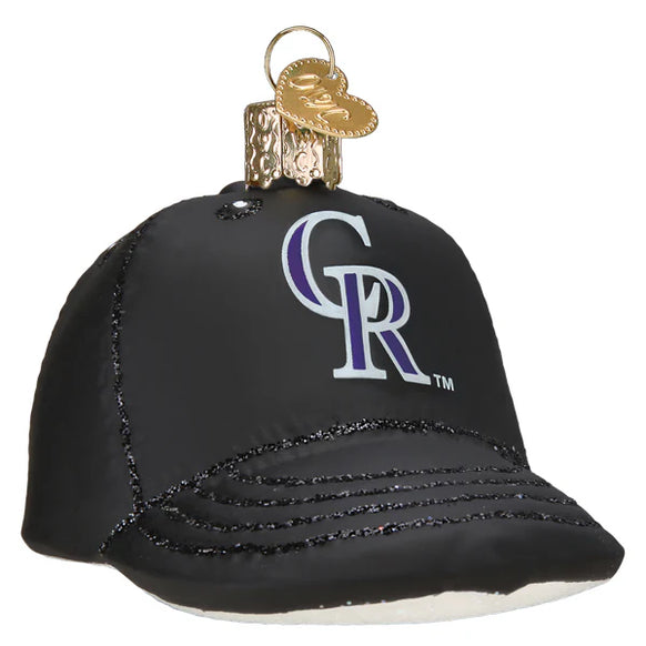 Black baseball cap ornament with 'CR' logo on a white background