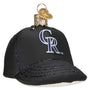 Black baseball cap ornament with 'CR' logo on a white background