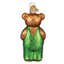 Back of Glass Corduroy bear ornament with green outfit on a white background