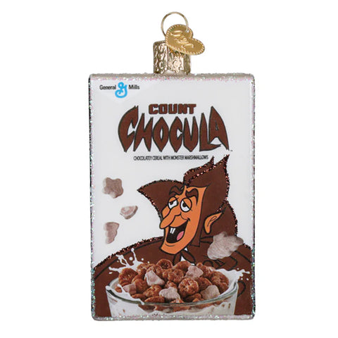Decorative ornament resembling a Count Chocula cereal box on a white background