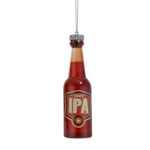 Acrylic ornament shaped like a beer bottle with amber coloring, a Craft IPA label, and a silver hanging string.