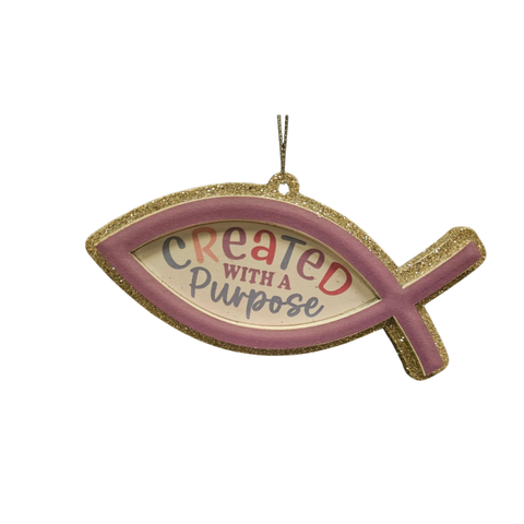 gold glitter ichthys ornament with the words Created with a Purpose.