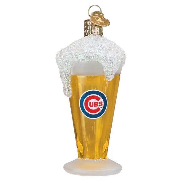 Decorative ornament shaped like a beer glass with a Chicago Cubs logo on a white background