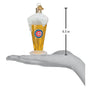 Beer glass ornament with Cubs logo on a hand holding it, showing size measurement.