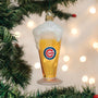 Christmas ornament shaped like a beer glass with a Cubs logo, hanging on a decorated tree.