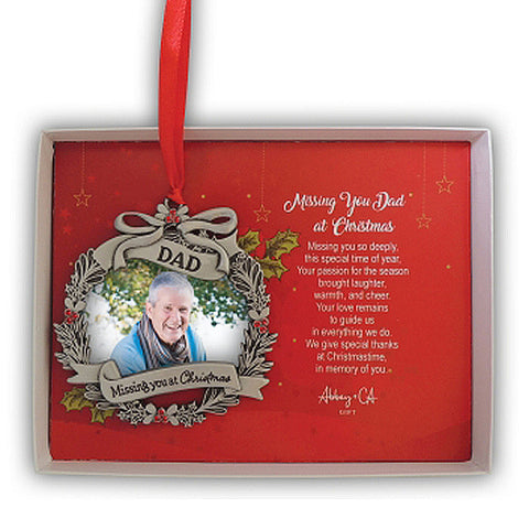 Memorial Photo Frame Ornament for a Dad Picture can be added to metal wreath frame with words Dad Missing You at Christmas