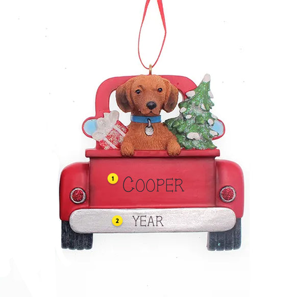 Personalized Dachshund Dog in Back of Truck Ornament - Brown