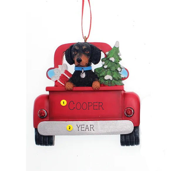 Personalized Dachshund Dog in Back of Truck Ornament - Black