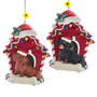 Red and black and tan Dachshund dog house ornament options, each wearing a Santa hat in a festive red Christmas dog house.