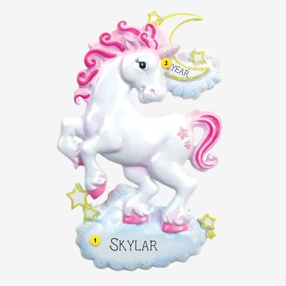 Unicorn Ornament with pink mane and tail, standing on a cloud can be personalized