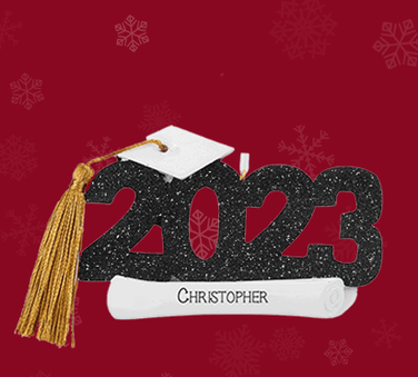 Dated for 2023 Graduation Ornament with black glitter 2023 numbers, white graduation cap with gold tassel and white scroll diploma to be personalized 