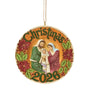Front view of Jim Shore Dated 2026 Holy Family Ornament featuring Mary, Joseph, baby Jesus, poinsettias, and the year 2026.