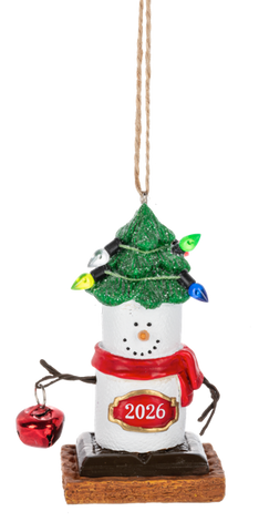 Dated 2026 S’mores ornament featuring a marshmallow character with a Christmas tree hat, colorful light bulbs, a red scarf, and a jingle bell accent.